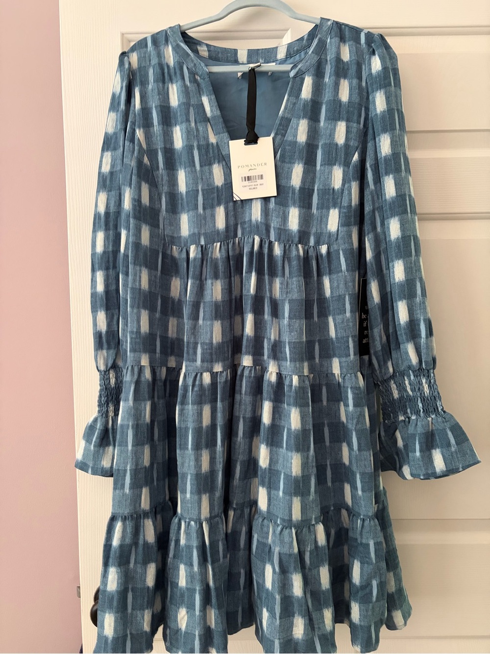 Womens Teal Blue Checked Tiered Dress